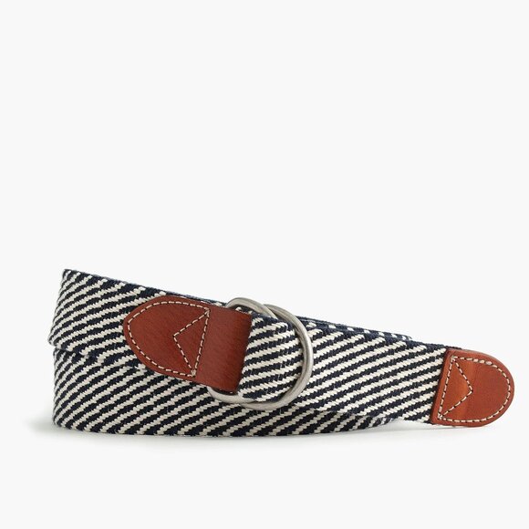 J. Crew D Ring Woven Cotton Striped Leather Preppy Nautical Belt - Picture 1 of 9